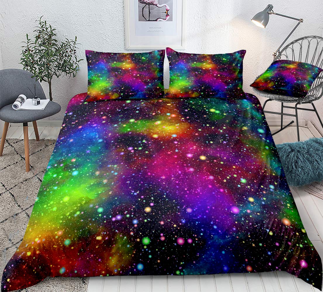 Colorful Galaxy Bedding Rainbow Space Duvet Cover Set Universe Nebula Night Starry Sky in Rainbow Colors Kids Boys Girls Quilt Cover Queen (90x90) 1 Duvet Cover 2 Pillowcases (Colorful, Queen)