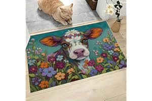 Cows Surrounded By Flowers Welcome Mats Country Style Indoor Door Mat Dirt Trapper Doormats with Non Slip Rubber Backing Entr