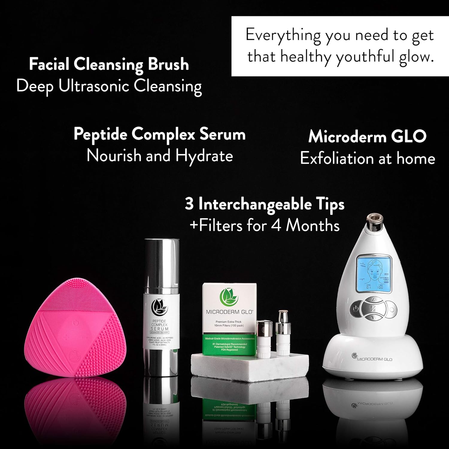 Microderm GLO Complete Skincare Package Includes Diamond Microdermabrasion System, Premium, Fine, Massage Tips, 10mm Filters 100 pack, Peptide Complex Serum & Sonic Facial Cleansing Brush (White): Beauty