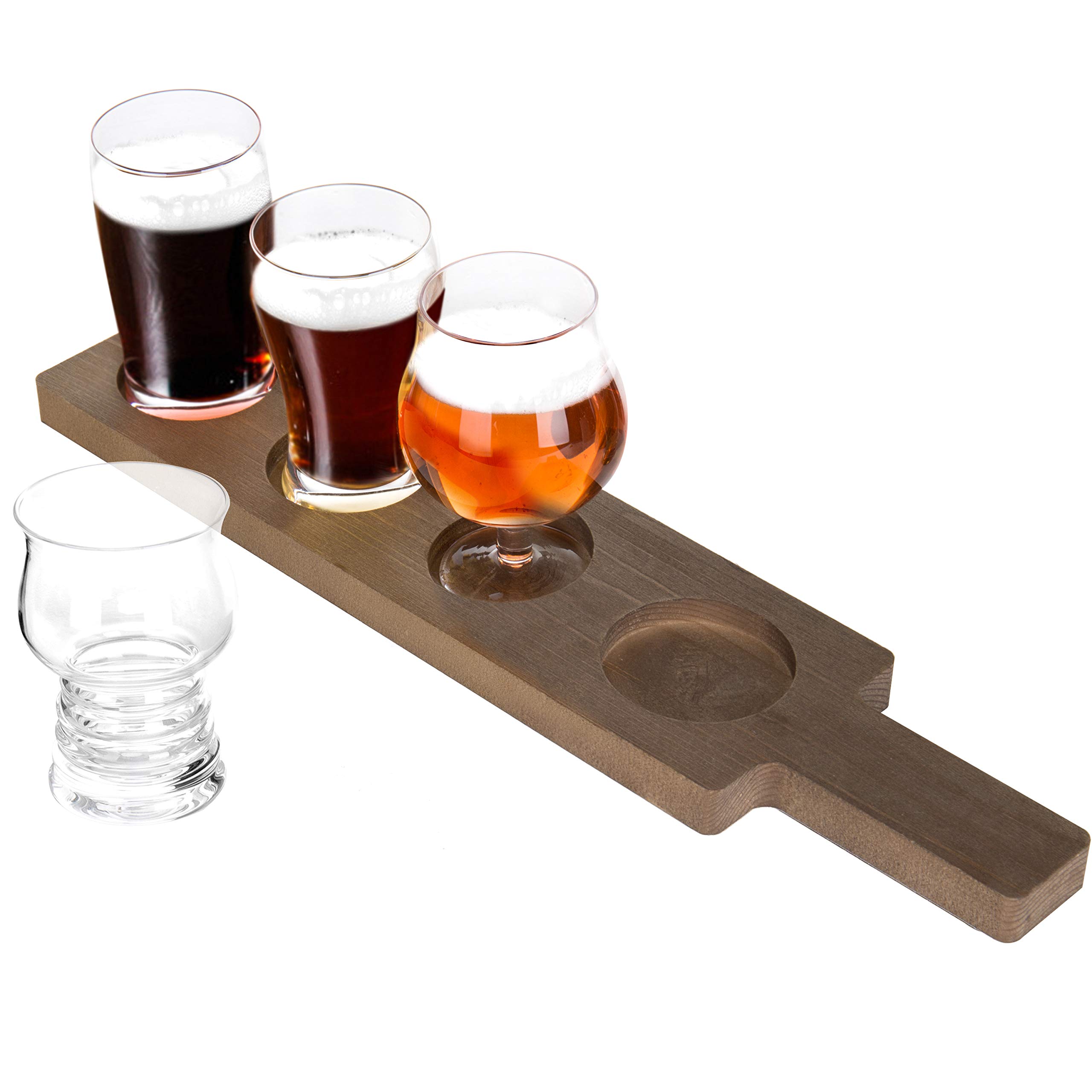 Photo 1 of MyGift Rustic Solid Wood Sampler Tray Beer Flight Holder Serving Set with 4 Glasses and Erasable Chalkboard Label (Brown Solid Wood)