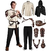 Panitay 8 Pcs Men's Renaissance Costume Set Halloween Medieval Viking Shirt Pant Belt Cape Bracer Sword Bag