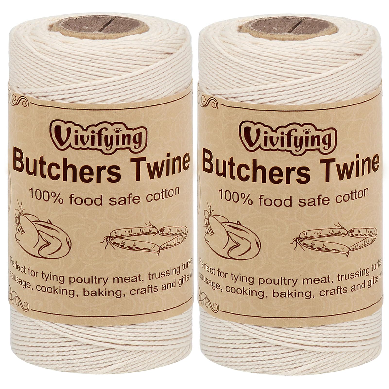 Vivifying 2pcs Butchers String, 100M/328 Feet 3ply Cotton Butchers Twine, Food Safe Cooking String for Tying Meat, Kitchen Twine for Making Sausage and Trussing Poultry (White)