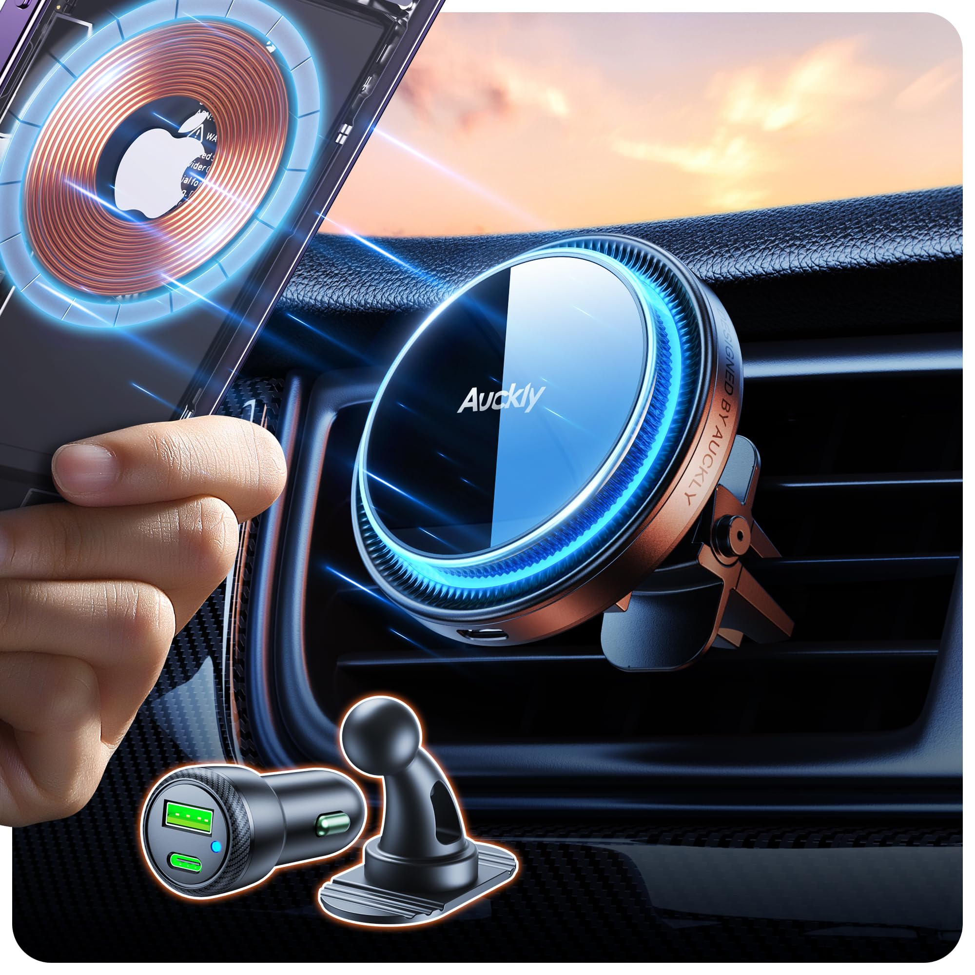 Auckly 15W for MagSafe Car Mount Charger, (3.81 lbf) Strong Magnetic Wireless Car Charger, Air Vent/Dashboard, Phone Holder Mount for iPhone 17/16/15/14/13/12 & Samsung, Aluminium, Grey