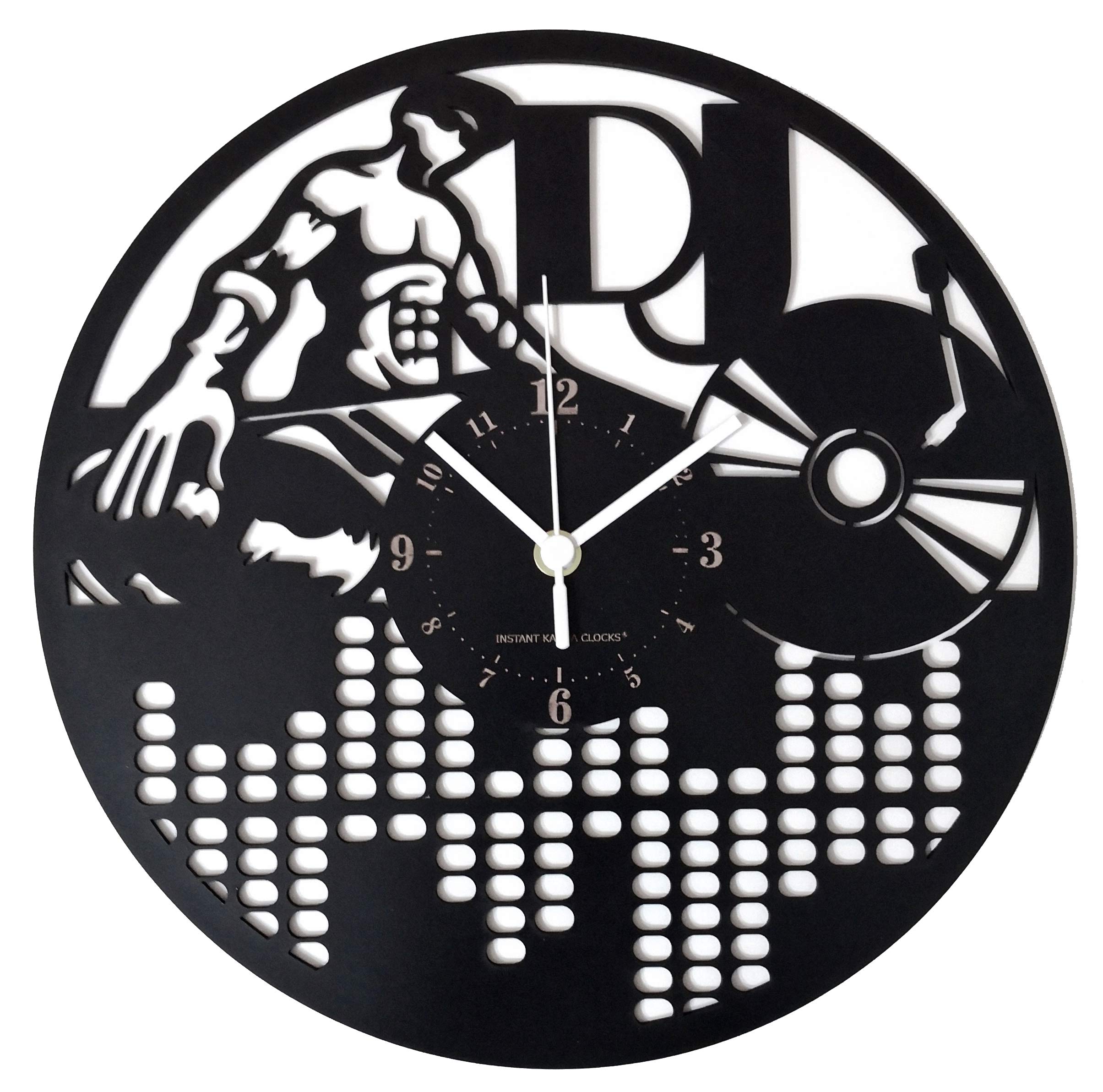 Instant Karma Clocks | DJ Wall Clock with Turntable, Vinyl and Equalizer Design | Silent No-Ticking | Perfect for Bedroom, Office, Studio, Cabin, Living Room | Unique Decoration