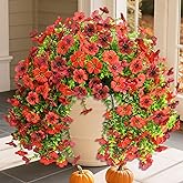 Homsunny Artificial Fake Flowers Plants for Outdoor Decoration, 2 PCS Faux Mums Flowers for Outside UV Resistant Realistic for Porch Patio Garden Yard Balcony Home Decor(Red Brown)