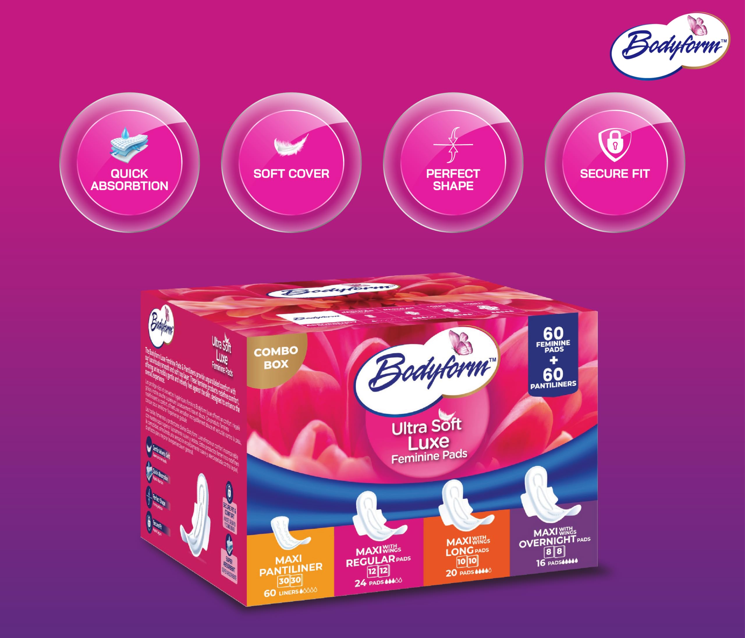 Bodyform Luxe Feminine Care Value Combo Box (Variety Pack) – 60 Ultra-Soft Pads + 60 Gentle Pantyliners, Cushion Soft & Ultra-Absorbent