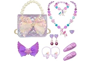 ELEMIRSA Girl Handbag Purse for Little Girls Kids Pretend Play Dress Up Necklace Hair Accessories Jewelry Set, Light Purple