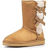 KRABOR Womens Suede Snow Boots Mid-Calf Winter Shoes with Side Bows
