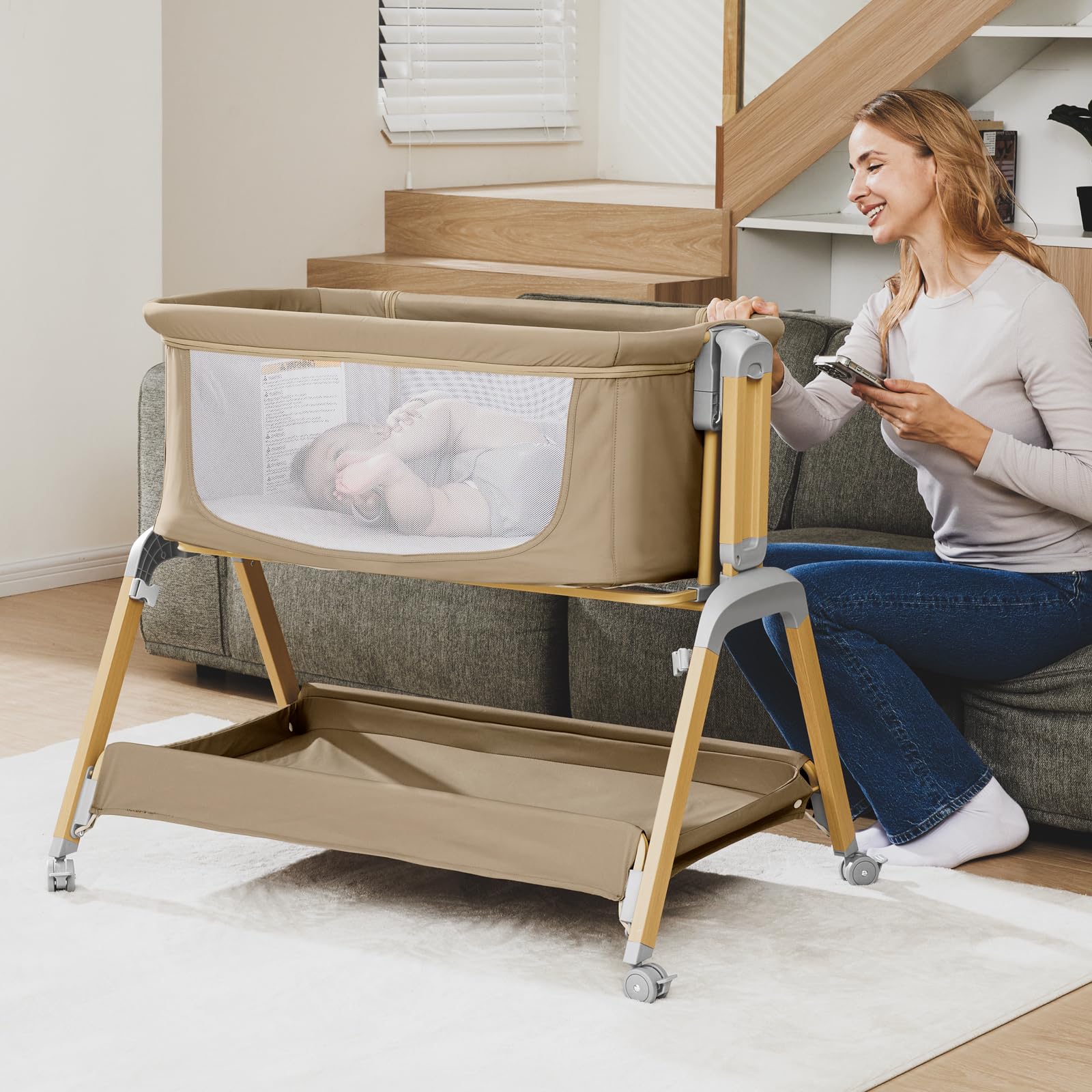 Jimglo 3 in 1 Baby Bassinet, Rocking Bassinets with Comfy Mattress and Wheels, Adjustable Height Bassinet Bedside Sleeper, Easy Folding Portable Crib for Newborn (Khaki)