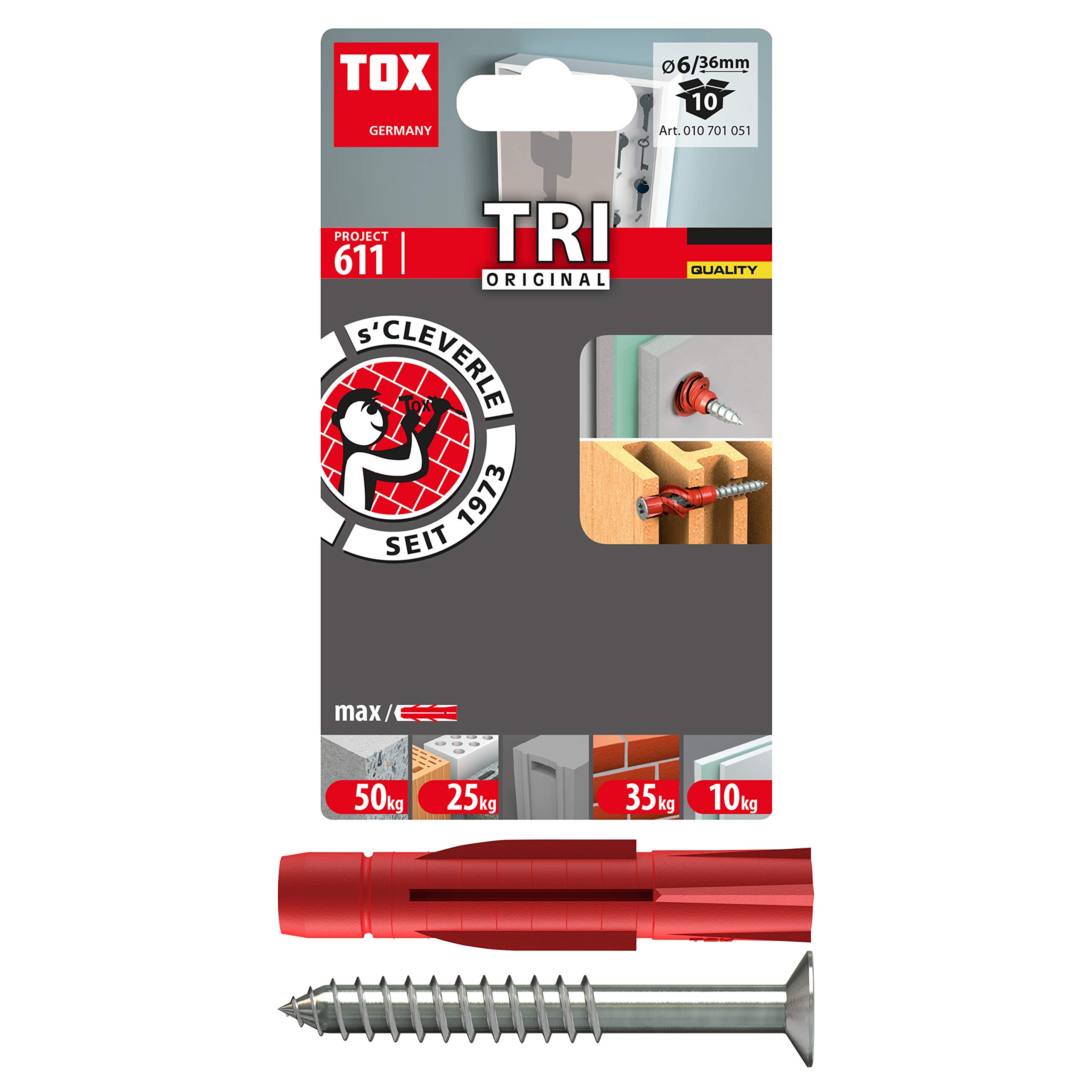 TOX 010701051 - Blíster de 10 Tacos universales TRI 6 x 36 mm + tornillo