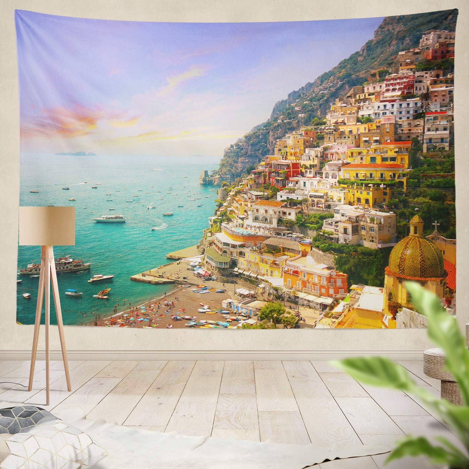 threetothree Tapestry Italy Coast Italy Beach Beautiful Colorful Water Architecture Beauty Blue Coastal Hanging Tapestries 60 X 80 Inch Wall Hanging Decor for Bedroom Livingroom Dorm