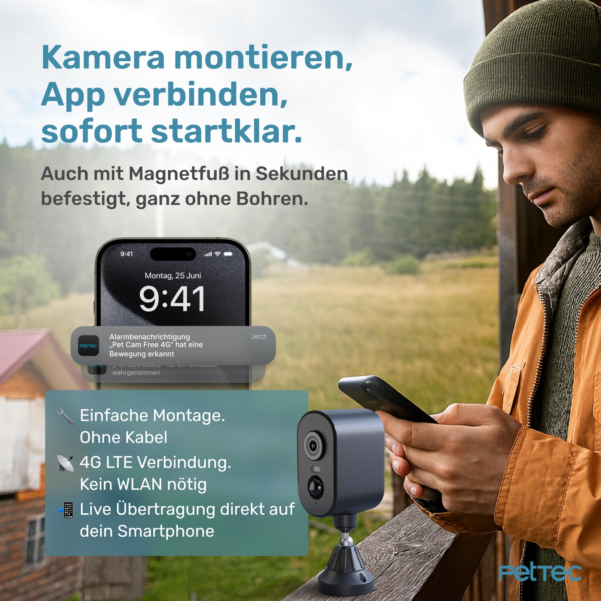 PetTec Cam Free 4G Überwachungskamera [4G/LTE OHNE WLAN] mit Akku & Schwenk Funktion - Outdoorkamera 3MP Ultravision, Bewegungserkennung, 15m Nachtsicht IP65 Flutlicht Sirene, Rückfahrkamera 3