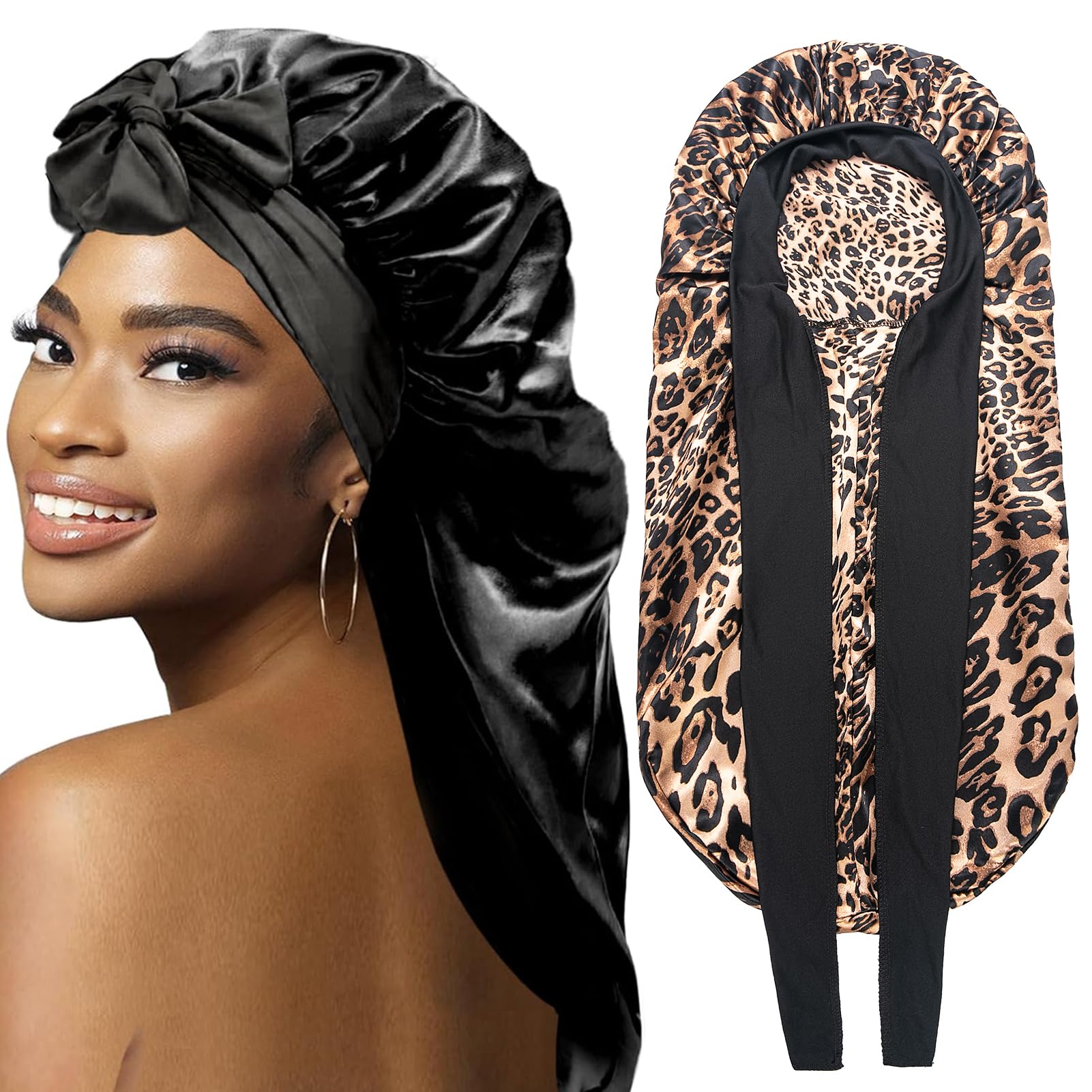 WOZUTUNT 2Pcs Bonnets for Black Women Braid Bonnet, Large Long Satin Bonnet for Braids Sleeping(Black & Leopard)