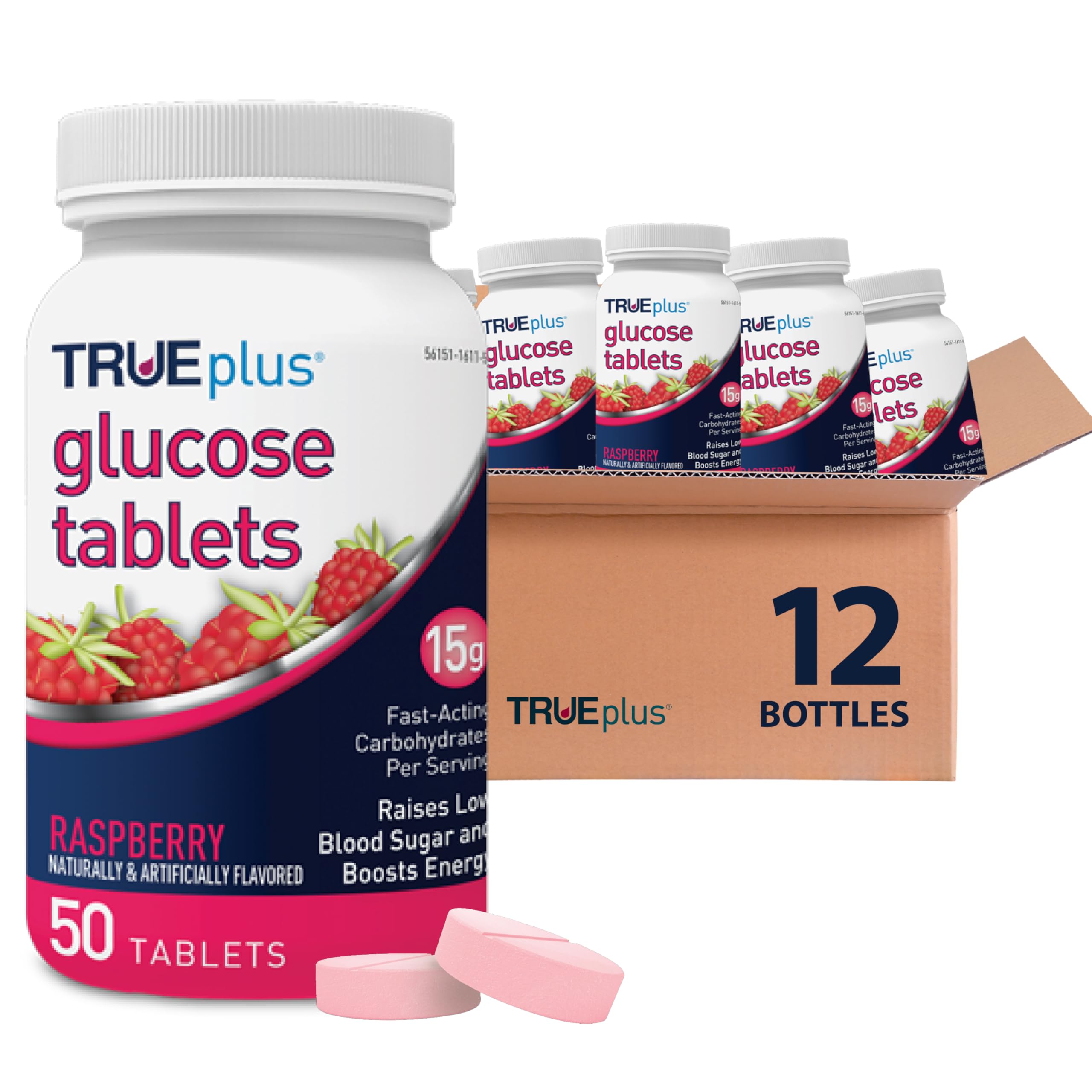 TRUEplus Glucose Tablets, Chewable, Raspberry Flavor, 15g Fast-Acting Carbohydrates, Fat Free, Gluten Free, Raise Low Blood Sugar and Boost Energy, 50 Count, 12 Bottles Image