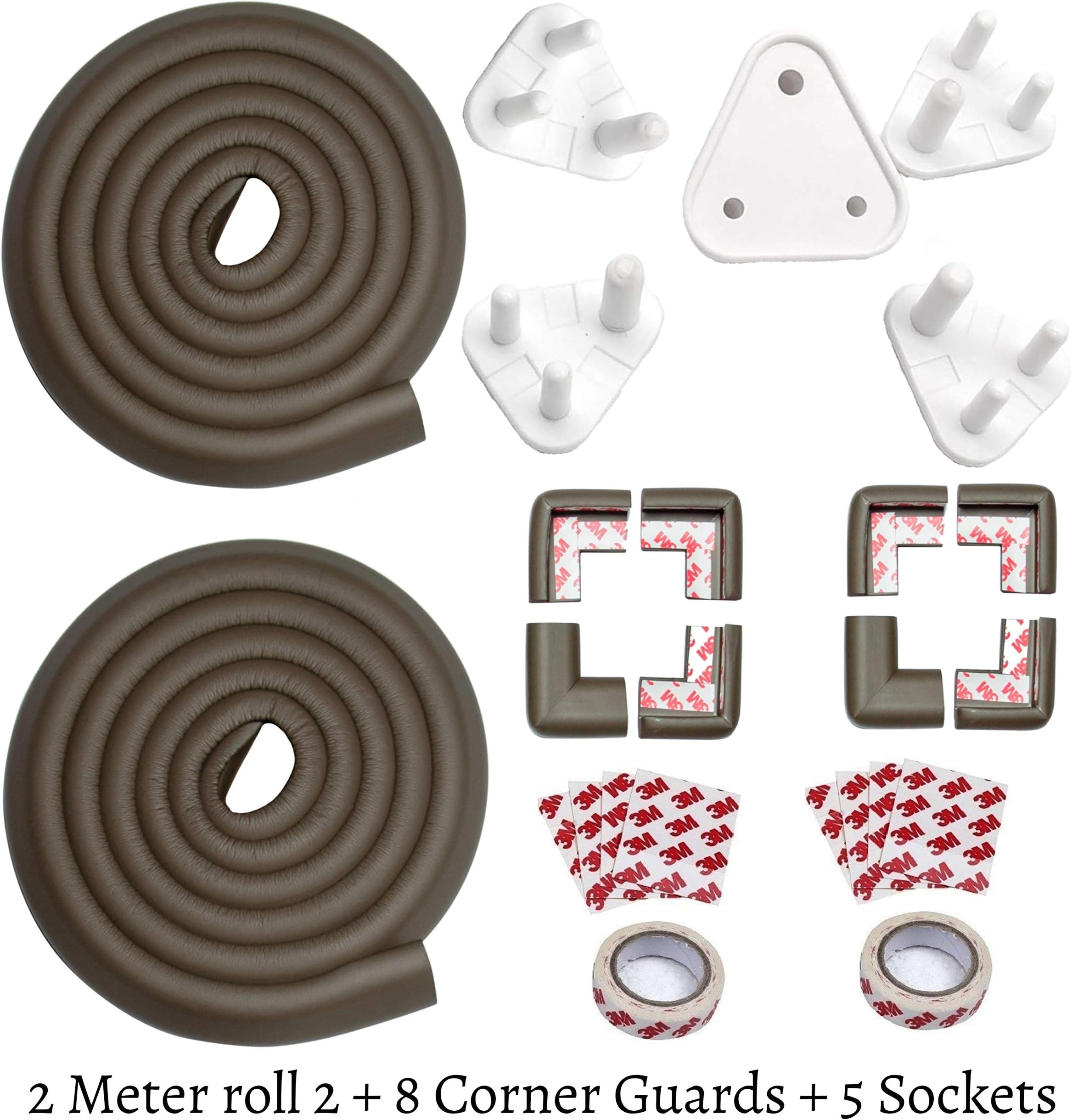 Lifekrafts Baby Safety Edge roll 4 Meter, 8-Corner Guards with Pre Attached 3M Sticker, and 5-Socket Covers Pack (Antique Brown)