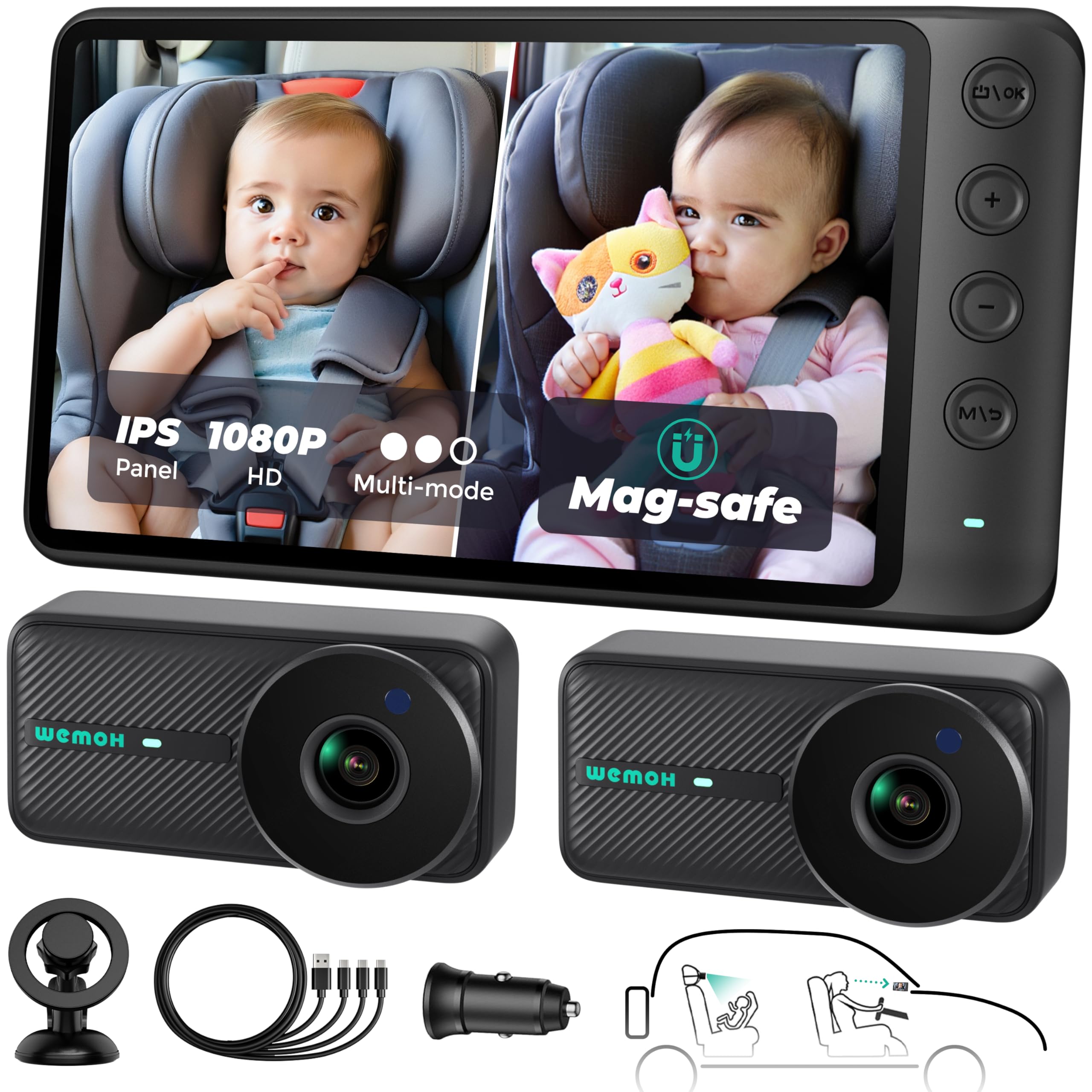Photo 1 of WEMOH Magnetic Dual Baby Car Camera for Two Kids, 1080P IPS Display with Magnetic Mount, 3 Modes(Zoom/Mirror/Split), Automatic Night Vision, USB-Powered Car Camera for Baby Rear Facing (2 Cams)