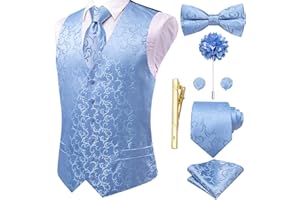 Hi-Tie Silk Mens Suit Vest Tie and Bowtie Lapel Pin Gold Tie Clip Paisley Floral Waistcoat 8PCS Set Tuxedo Wedding Party