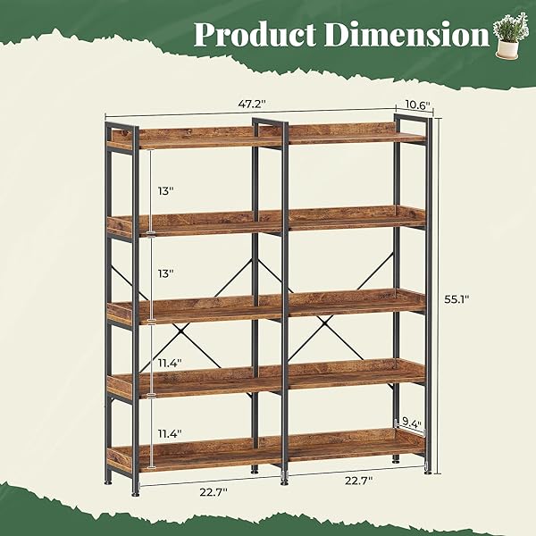 HUUGER 5 TIER BOOKSHELF, DISPLAY BOOKSHELF WITH 10 OPEN SHELVES AND RAISED BAFFLE, 47.2 INCH STRAIGHT WIDE BOOKCASE WITH METAL FRAME AND WOODEN BOARD, ADJUSTABLE FEET, RUSTIC BROWN