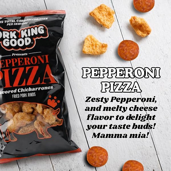 PORK KING GOOD PEPPERONI PIZZA PORK RINDS (CHICHARRONES) (4 PACK) KETO SNACKS