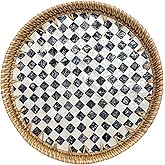 Round Rattan Tray with Mother of Pearl Inlay, Decorative Basket with Wooden Base, Woven Tray for Kitchen Island Decor, Table Decor, Storage and Display of Food (Checkerboard, 11.8")