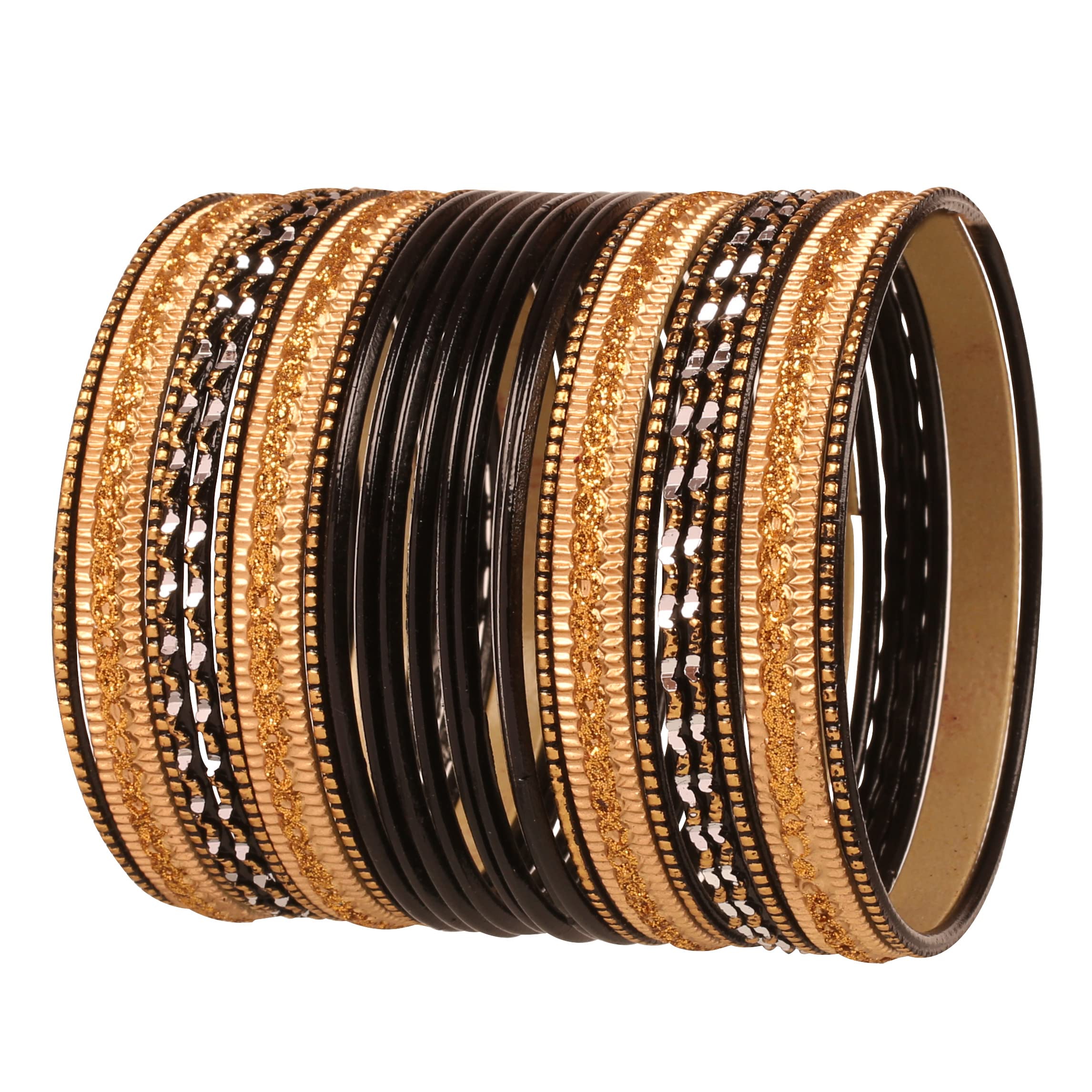 Touchstone NEW Colorful 2 Dozen Bangle Collection Indian Bollywood Alloy Metal Textured Black Golden Designer Jewelry Special Large Size Bangle Bracelets Set Of 24. In Antique Gold Tone For Women — image 1