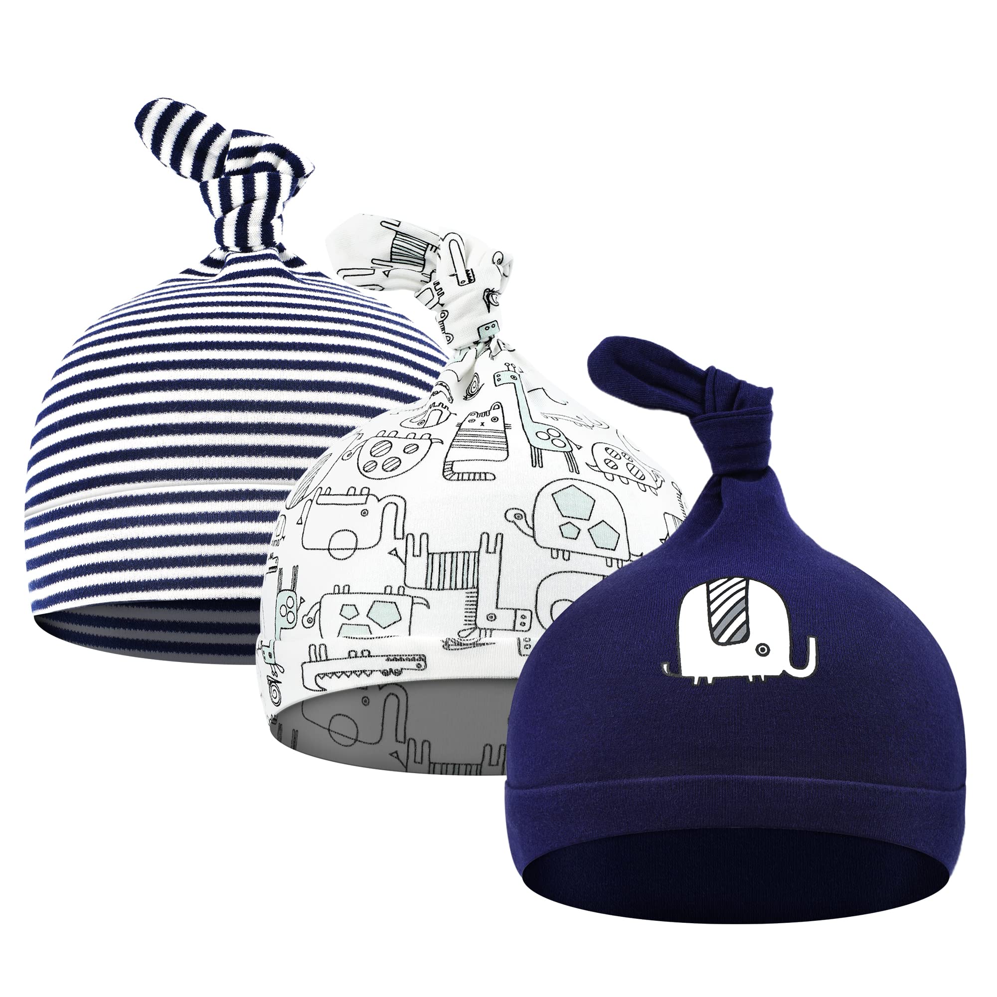 CuteOn 3 Pack Baby Beanie Knot Hat Newborn Boys Girls Cotton Adjustable Cap for Baby 0-6 Months 01-Elephant