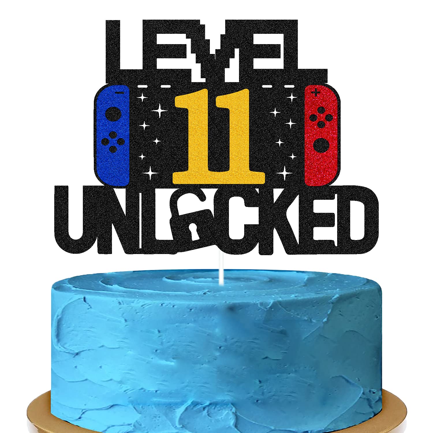 Photo 1 of Level 11th Unlocked Sign Cake Topper Happy 11th Birthday Level Up Eleventh Cake Decorations for Video Game Controller Themed Kids Boy Girl Bday Party Supplies Double Sided