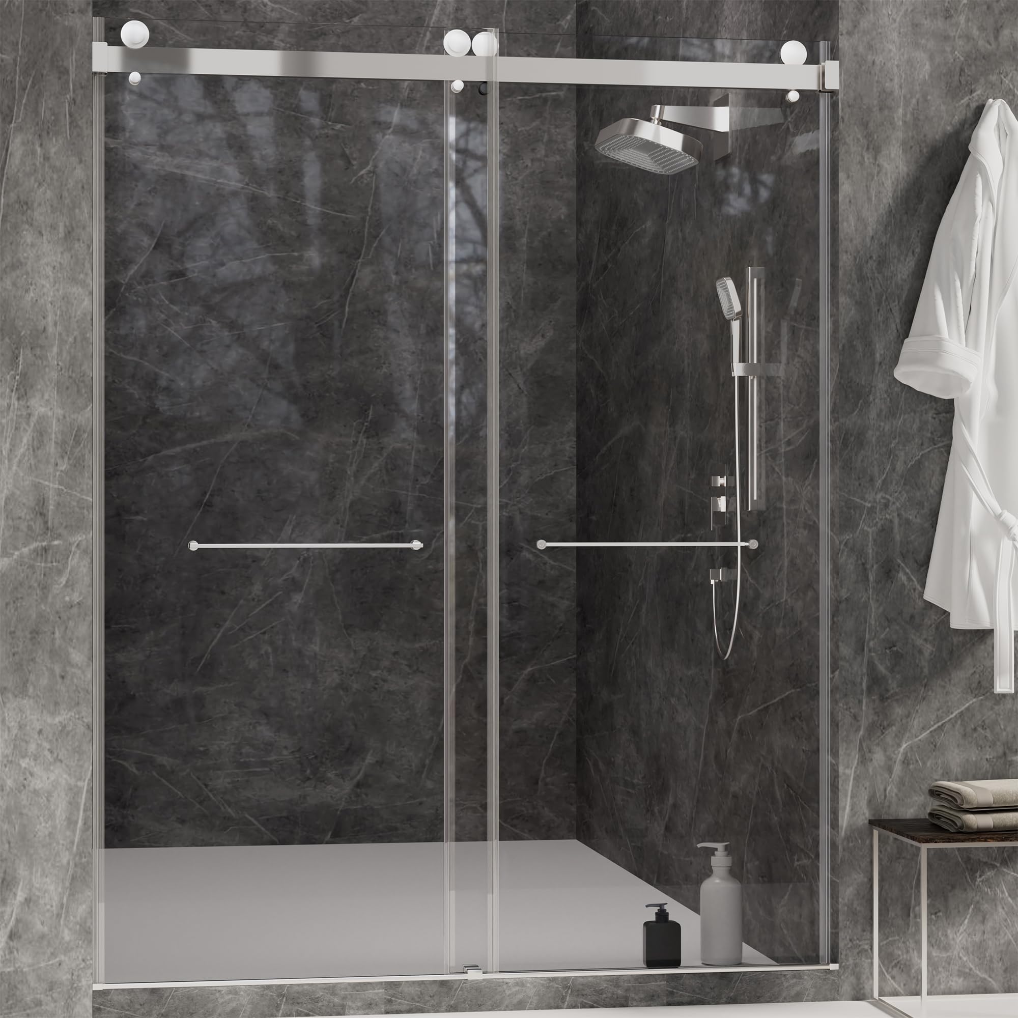 Photo 1 of **SELLING FOR PARTS AS PARTIAL SET. ONE DOOR IS SHATTERED**Shower Door,56"-60" W X 72" H Sliding Frameless Glass Shower Door,5/16"(8mm) Clear SGCC Tempered Glass with Explosion-Proof Film and Nano Coating,Stainless Steel Hardware,Silver