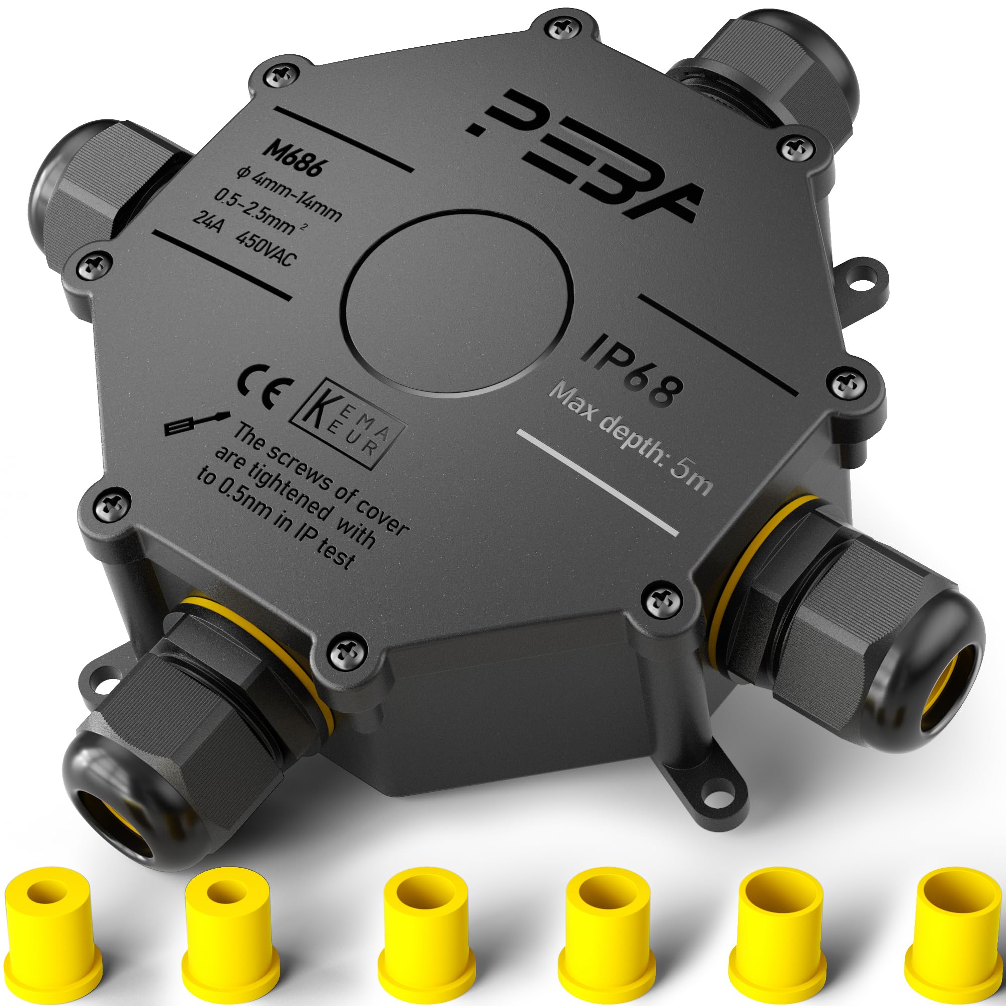 PEBA® IP68 Waterproof Junction Box, Wire Connector,Waterproof Cable Connector Outdoor, Big 4-Way Outdoor Cable Connectors,Extension Electrical Cable Protector for Cable Diameter Ø4mm-14mm Black — image 1