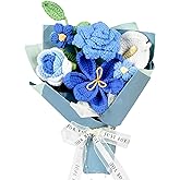 MengxFly Crochet Flower Bouquet Blue, Handmade Crochet Flowers Bouquet, Knitted Floral Gift for Her, with Gift Box, Bag and Card