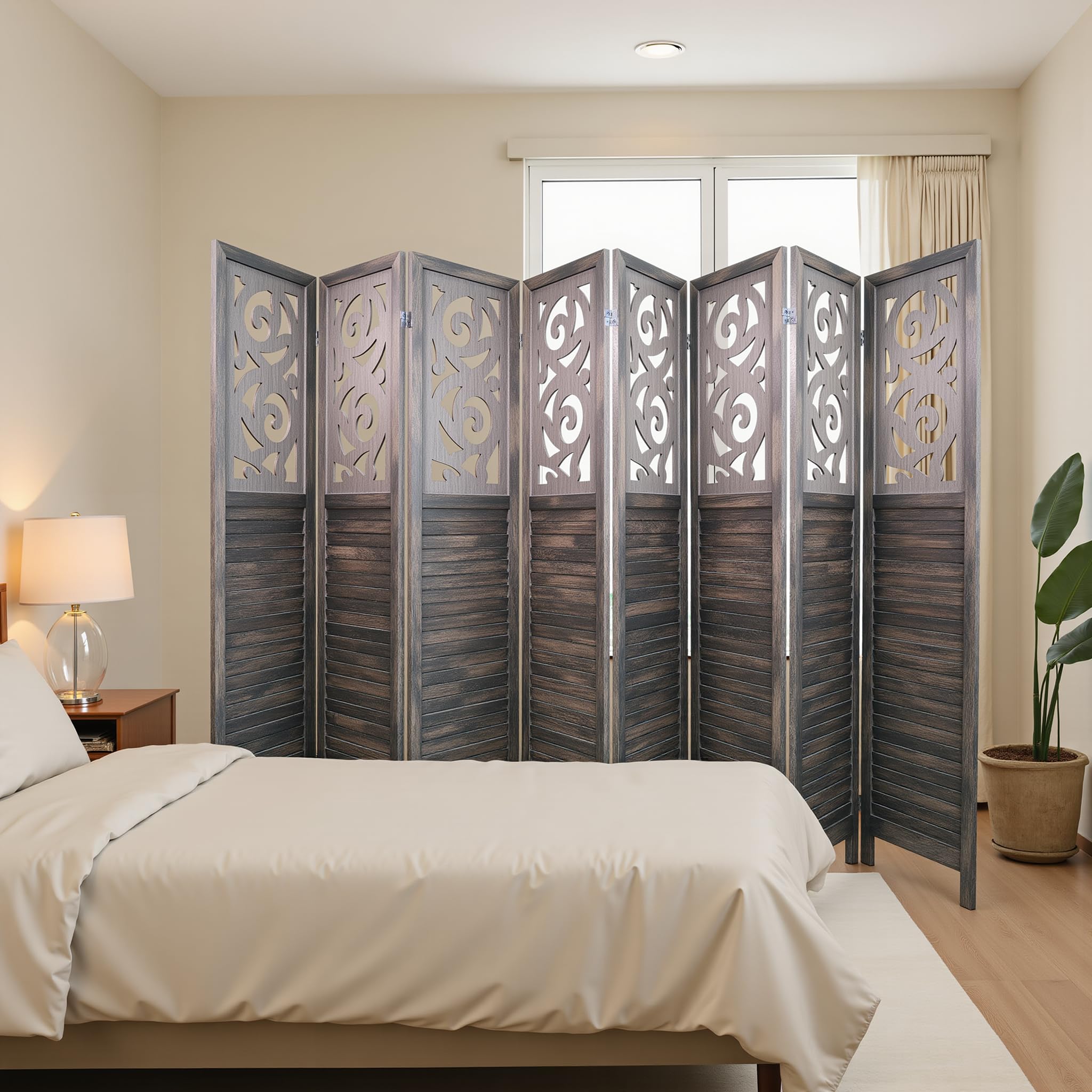 Photo 1 of Osparple Room Divider 8 Panel Partition Room Dividers 6FT Folding Privacy Screens with Carved Cutout Design for Office and Apartment, Rustic Brown