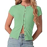IWOLLENCE Womens Casual Lightweight Ribbed Knit Short Sleeve Tops Crewneck Button Down Shirt Slim Fit Y2K Cardigan