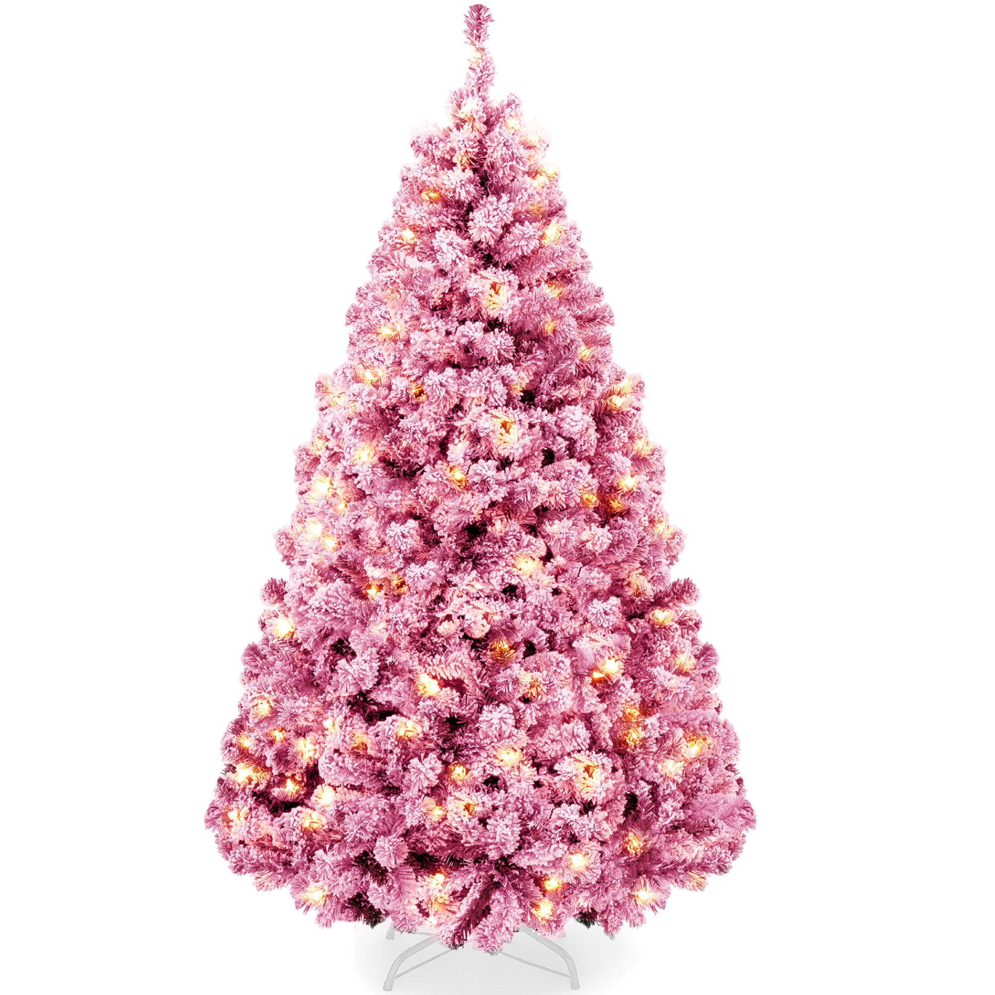 Best Choice Products Artificial Flocked Christmas Tree, 6ft Premium Pre-Lit Colorful Pine Holiday Décor w/250 Twinkle Lights, Metal Base - Pink Image