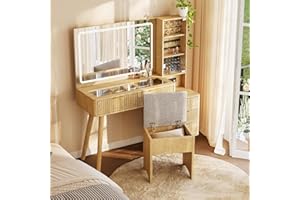 TackView 48" Elegant Fluted Vanity Desk, with Illuminated Mirror and Charging Station, Includes Comfortable Stool for Bedroom