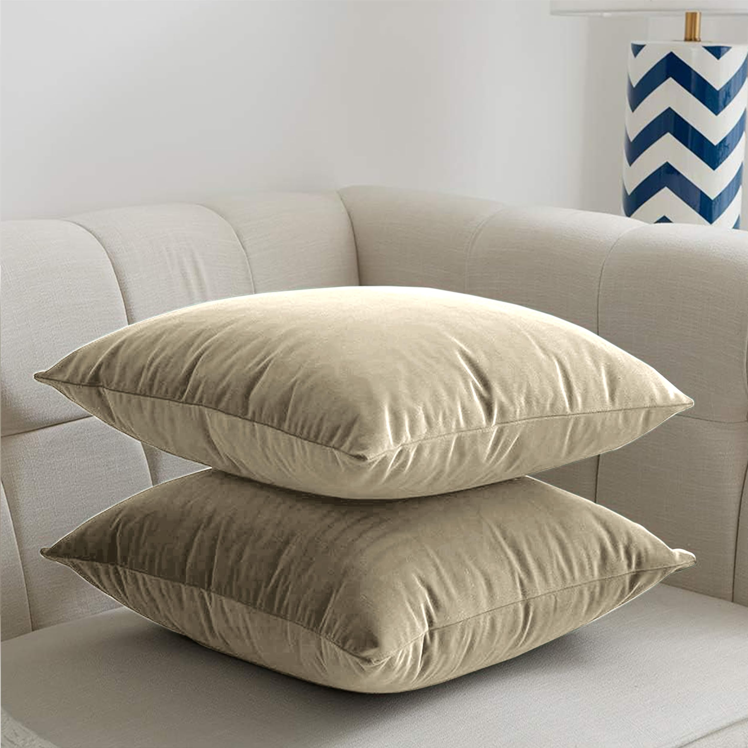 My home store Velvet Cream Cushion Covers 45cm x 45cm - Christmas Decorative Square Throw Pillowcases - Cushion Covers Set of 2 for Sofa Bedroom with Invisible Zipper 18" x 18"