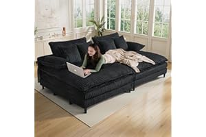 Rophefx 109" W Oversized Double Chaise Lounge Chair Indoor, Upholstered Corduroy Sofa Couch with 6 Pillows, 90°-180°Adjust, Fluffy Reading Chair, Cloud Sleeper Sofa Bed for Living Room Bedroom,Black