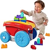 MEGA BLOKS First Builders Toddler Building Toy, Block Scooping Pull Wagon with 20 Pieces and Built-in Storage, Picks Up Blocks, Red, Kids Ages 1+