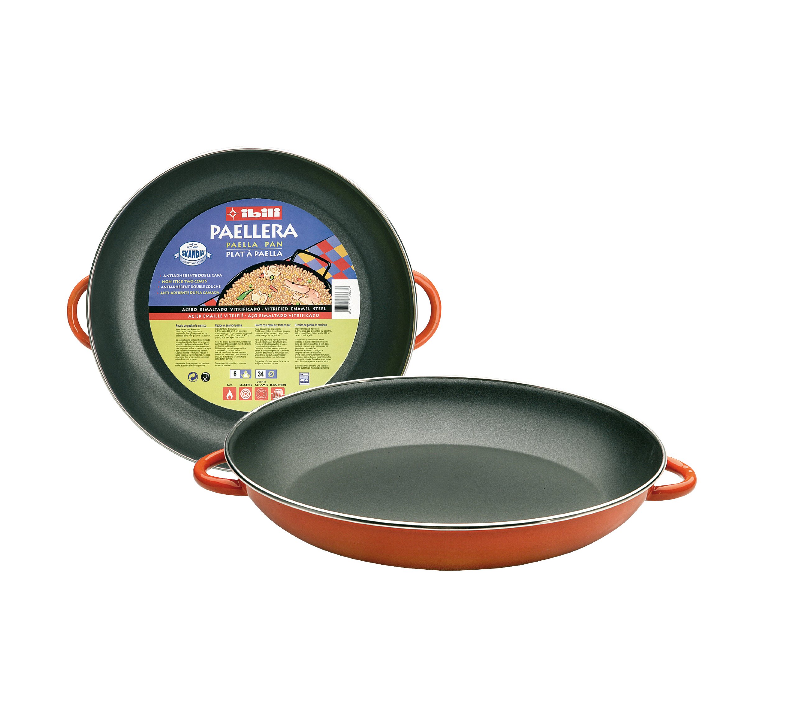 IBILI Orange Paella Pan, 38 cm, Glazed Enamelled Steel, 8 Servings, Suitable for Induction Hobs