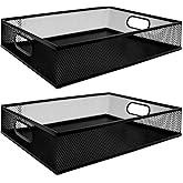 yaenoei 2 Pack Desk Drawer Organizer Tray, Metal Mesh Storage with Handles for Office Supplies, Desktop File Organizer Basket for Stationery, Craft Materials, Magazines and Documents (Black)