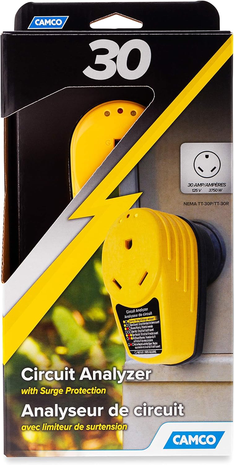 Camco PowerDefender Circuit Analyzer with Integrated Surge Protection and Indicator Lights - 30 Amp Male to 30 Amp Female (55310): Automotive