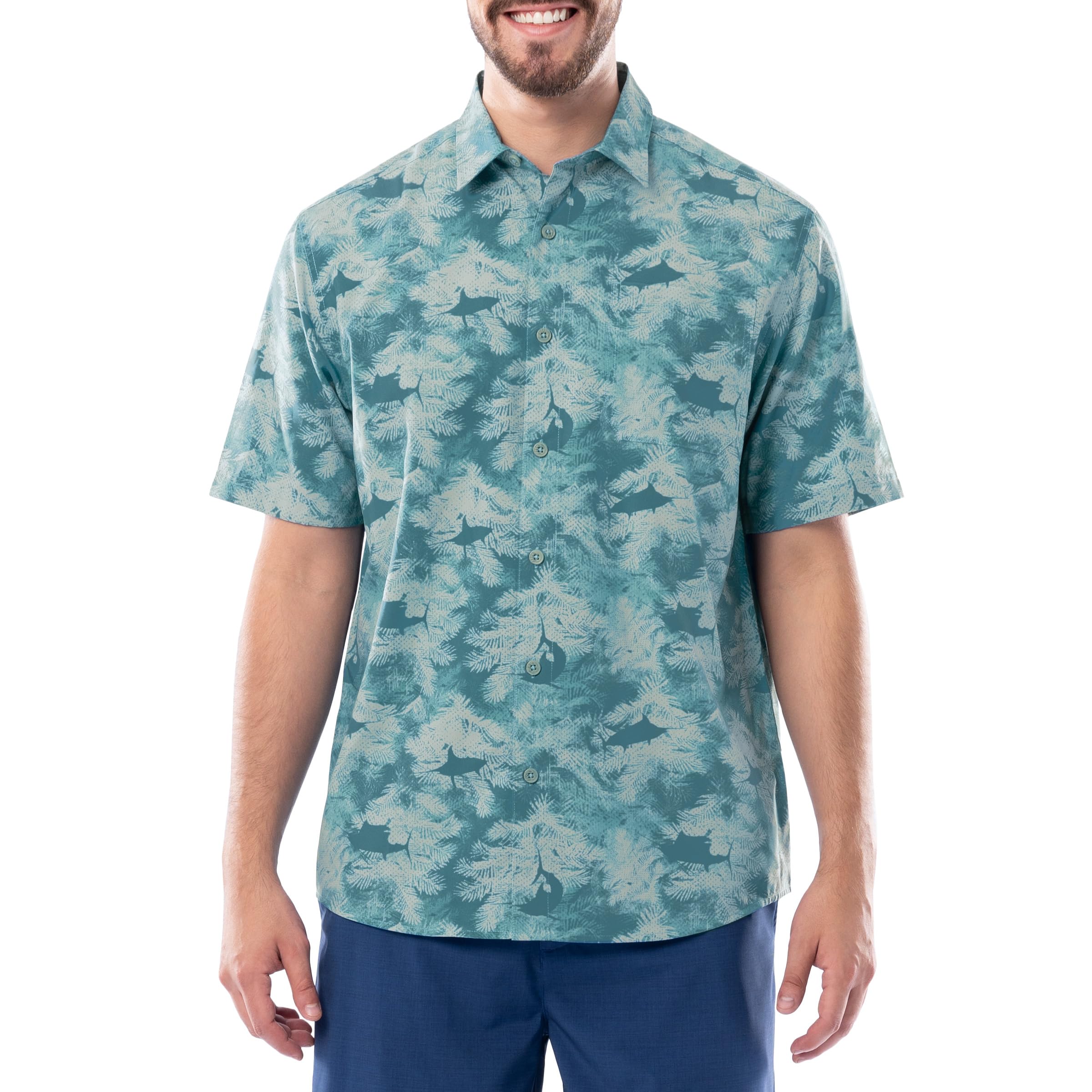Photo 1 of Guy Harvey Men's Short Sleeve Performance Fishing Shirt, Blue Steel/Urban Palms, X-Large