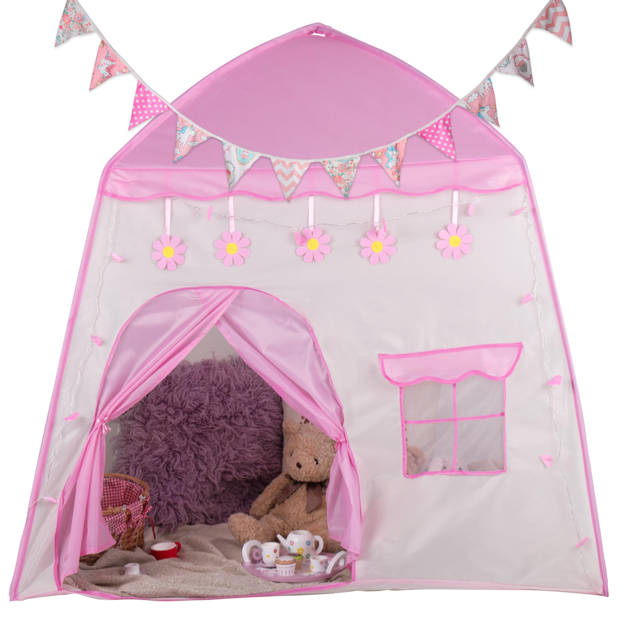 Relsy Kids Play Tent, Cottage Style with LED Lights & Bunting - Pink House - 135 x 100 x 130cm