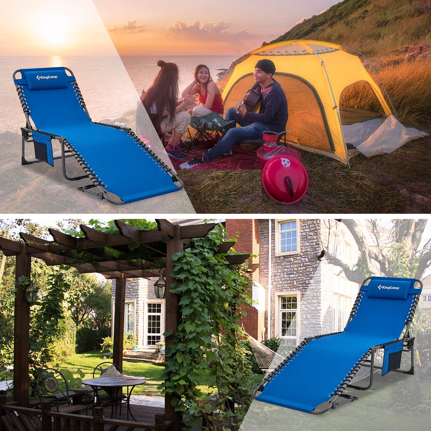 KingCamp Adjustable 4-Position Outdoor Chaise Lounge Chair Heavy Duty Camping Recliner Folding Cot with Pillow Pocket for Patio Garden Yard Lawn Sunbathing Beach Pool, Supports 265lbs: Sports & Outdoors