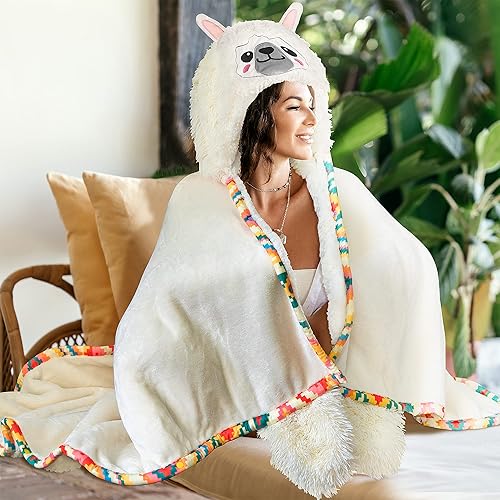 Llama Alpaca Wearable Hooded Blanket for Adults – Fuzzy Super Soft