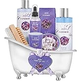 Christmas Gifts, Relaxing Lavender Spa Gift Baskets for Wome Birthday, Bath and Body Set-Kit Includes Candle, Essential Oil, Body Scrub, Bath Salt, Body Lotion, Shower Gel and Body Scrub Brush