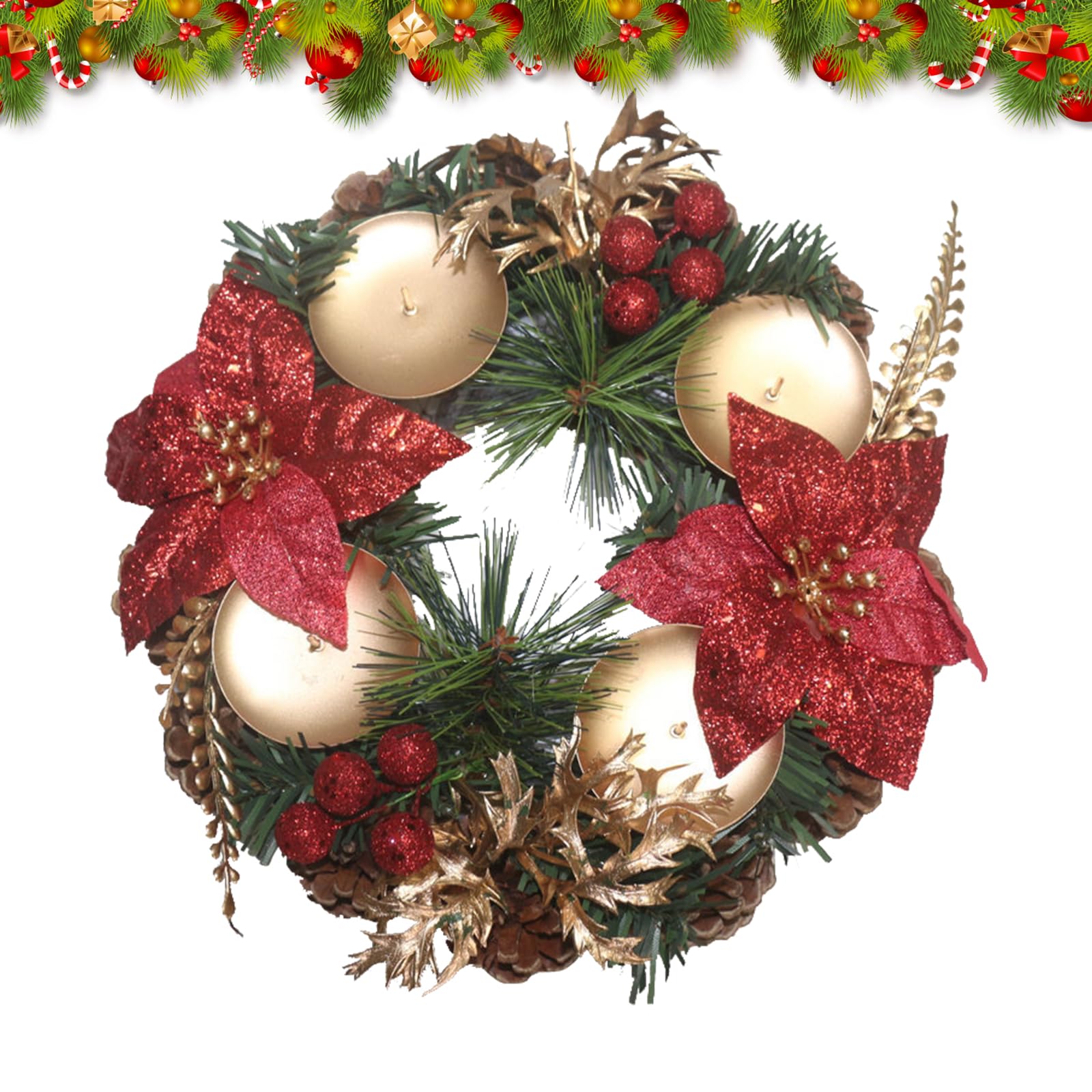 PLUSHCEWT Christmas Handcrafted Candle Holder Four Tealight Xmas Candle Wreath for Indoor Ornaments Table decorative Centrepiece Dinner Set Kitchen Light Plastic Decorations(23 x23 x 9cm)