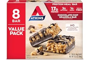 Atkins Chocolate Chip Granola Protein Meal Bar, High Fiber, 17g Protein, 1g Sugar, 3g Net Carbs, Meal Replacement, Keto Friendly, 8 Count