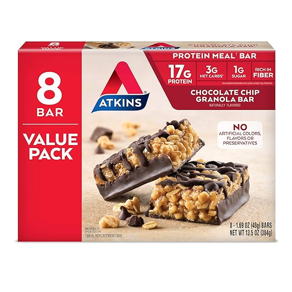 ATKINS CHOCOLATE CHIP GRANOLA PROTEIN MEAL BAR, HIGH FIBER, 17G PROTEIN, 1G SUGAR, 3G NET CARBS, MEAL REPLACEMENT, KETO FRIENDLY, 8 COUNT