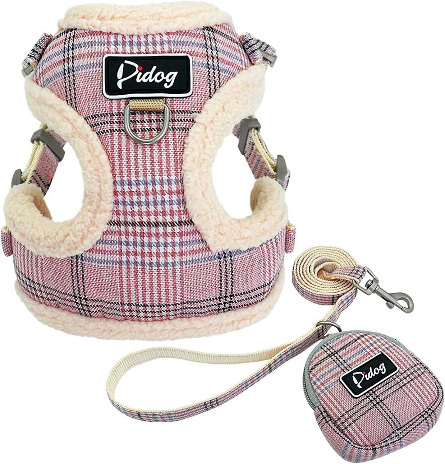 Didog Soft/Cosy Dog Vest Harness and Leash Set with Cute Bags, Classic Plaid Back Openable and Adjustable Dog harness, Fit Small Dogs, cats,Pink,M Size