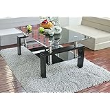 Merax Black Highlight Glass Top Cocktail Coffee Tble with Wooden Legs